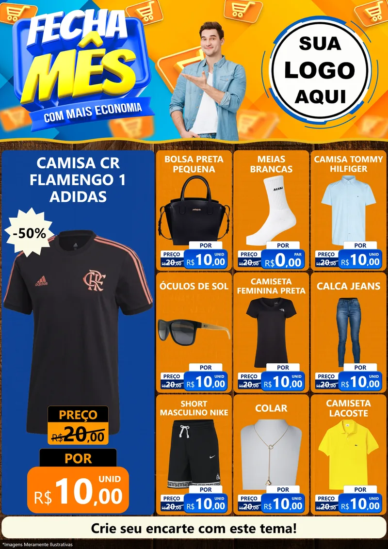 Modelo de Encarte para Encarte A4 Vertical com o tema Fecha Mês Com Mais Economia para Roupas e acessórios