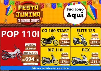 Modelo de Encarte para Encarte A4 Horizontal com o tema Festa Junina de Grandes Ofertas para Concessionaria de Motos