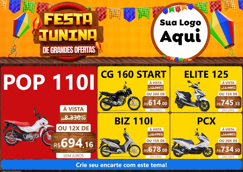 Modelo de Encarte para Encarte A4 Horizontal com o tema Festa Junina de Grandes Ofertas para Concessionaria de Motos