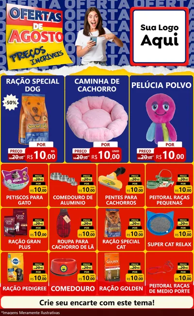 Modelo de Encarte para Encarte Grande com o tema Ofertas de Agosto - Preços Incríveis para Pet Shop