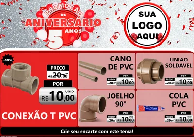 Modelo de Encarte para Encarte A4 Horizontal com o tema Promoção de Aniversário - 5 Anos para Tubos e conexões