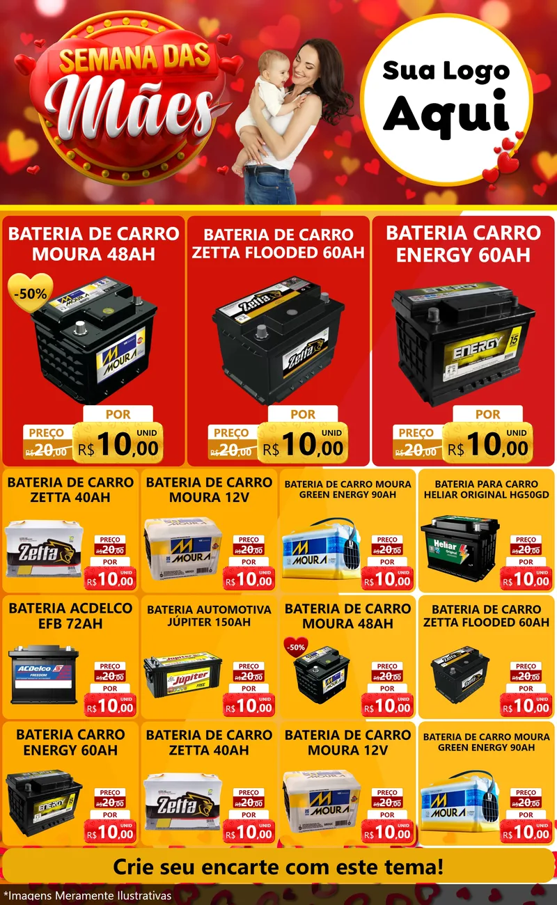 Modelo de Encarte para Encarte Grande com o tema Semana das Mães para Baterias Elétricas