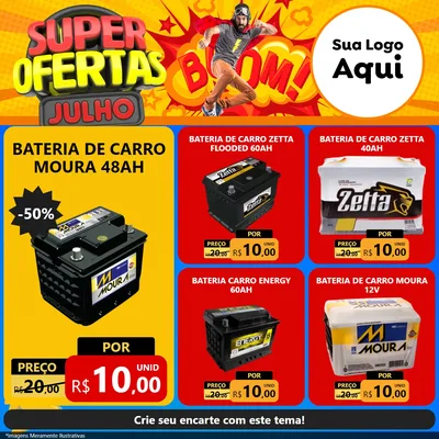 Modelo de Rede Social para Feed Facebook com o tema Super Ofertas Julho para Baterias Elétricas