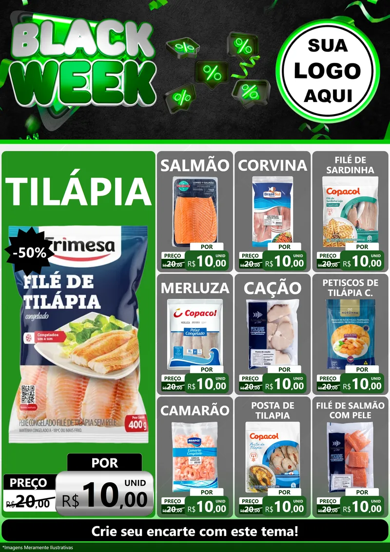 Modelo de Encarte para Encarte A4 Vertical com o tema Black Week para Peixaria