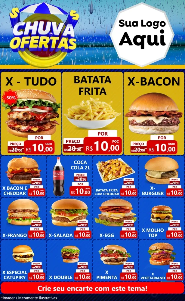 Modelo de Encarte para Encarte Grande com o tema Chuva de Ofertas para Hamburgueria