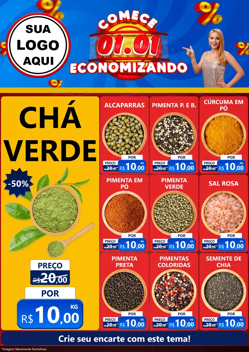 Modelo de Encarte para Encarte A4 Vertical com o tema Comece 1º de Janeiro Economizando para Produtos Naturais
