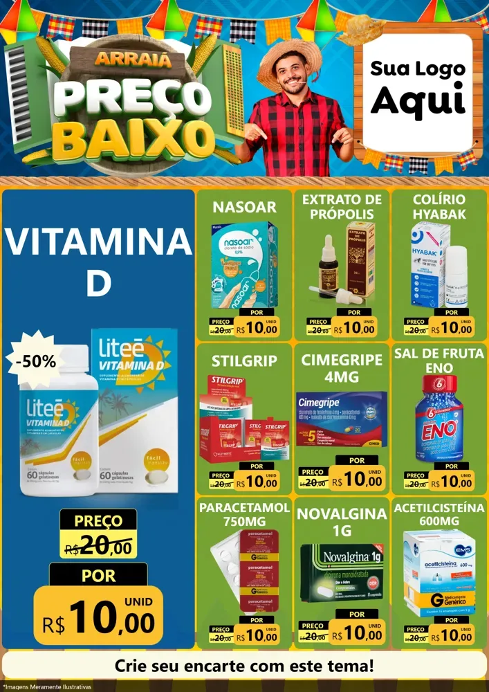 Modelo de Encarte para Encarte A4 Vertical com o tema Arraiá de Preço Baixo - Junina para Farmácia