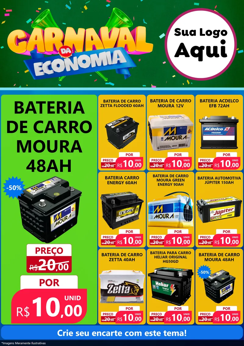 Modelo de Encarte para Encarte A4 Vertical com o tema Carnaval da Economia para Baterias Elétricas