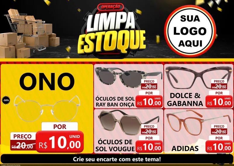 Modelo de Encarte para Encarte A4 Horizontal com o tema Operação Limpa Estoque para Óticas