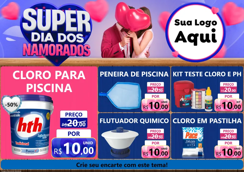 Modelo de Encarte para Encarte A4 Horizontal com o tema Super Dia dos Namorados para Produtos para Piscina