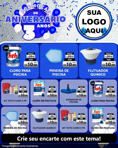 Modelo de Rede Social para Feed Instagram com o tema Promoção de Aniversário - 3 Anos para Produtos para Piscina
