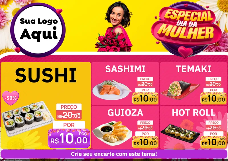 Modelo de Encarte para Encarte A4 Horizontal com o tema Especial Dia da Mulher para Comida japonesa