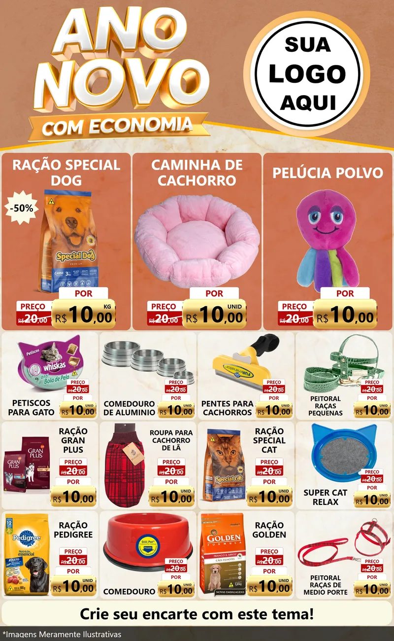 Modelo de Encarte para Encarte Grande com o tema Ano Novo Com Economia para Pet Shop