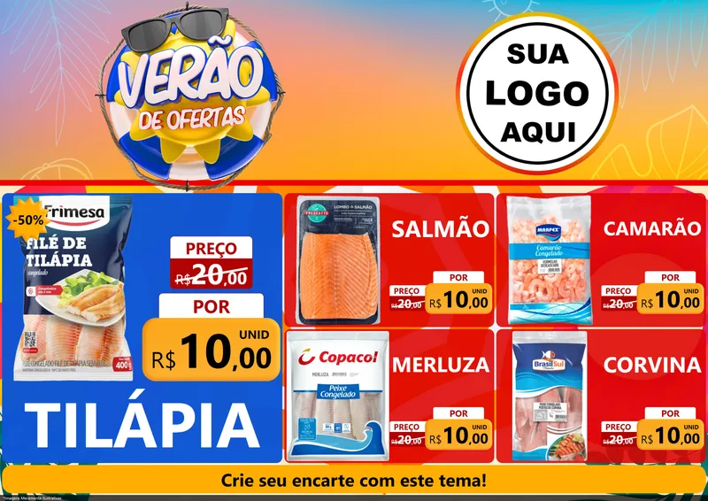 Modelo de Encarte para Encarte A4 Horizontal com o tema Verão de Ofertas para Peixaria