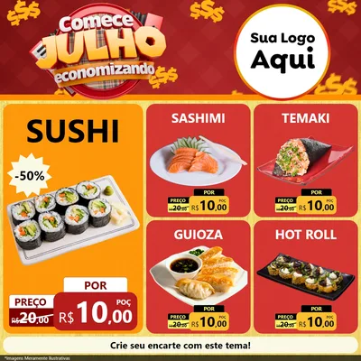 Modelo de Rede Social para Feed Facebook com o tema Comece Julho Economizando para Comida japonesa
