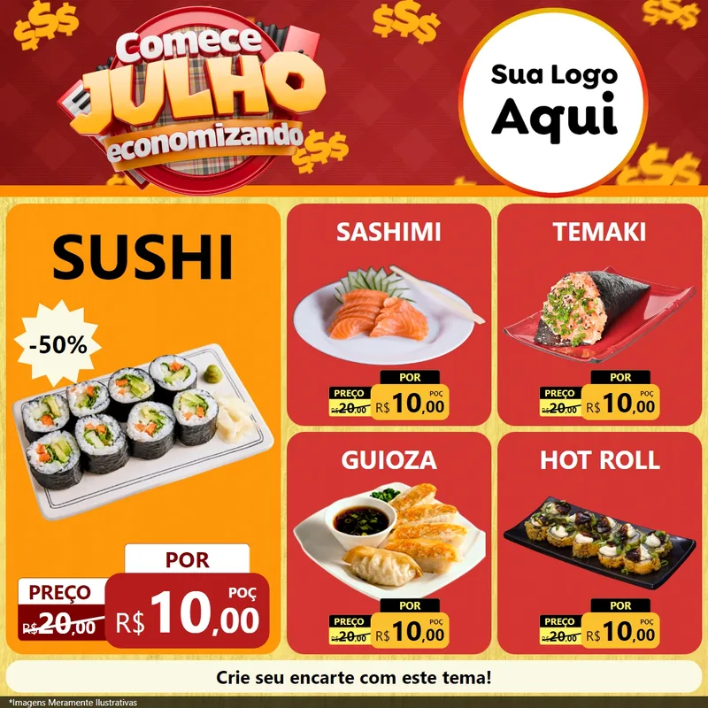 Modelo de Rede Social para Feed Facebook com o tema Comece Julho Economizando para Comida japonesa