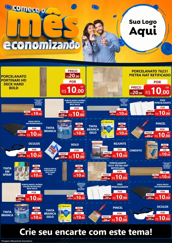 Modelo de Encarte para Encarte A4 Vertical com o tema Comece O Mês Economizando para Pisos e revestimentos