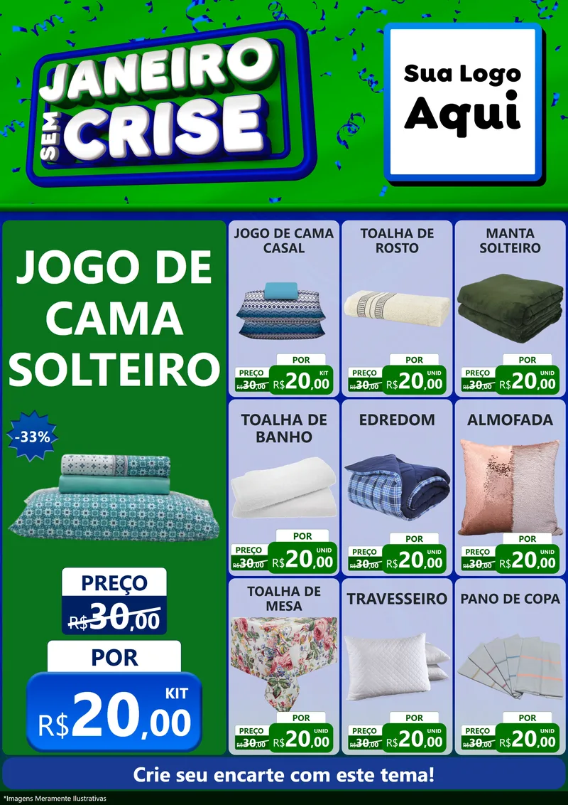 Modelo de Encarte para Encarte A4 Vertical com o tema Janeiro Sem Crise para Cama, Mesa e Banho