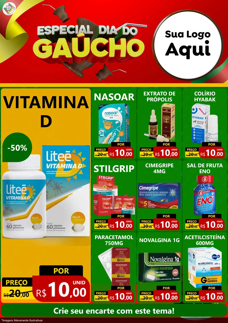 Modelo de Encarte para Encarte A4 Vertical com o tema Especial Dia do Gaúcho para Farmácia