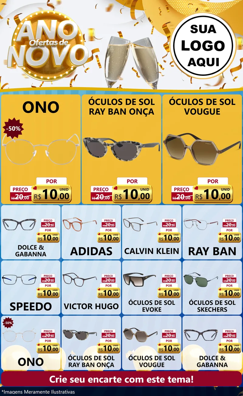 Modelo de Encarte para Encarte Grande com o tema Ofertas de Ano Novo para Óticas