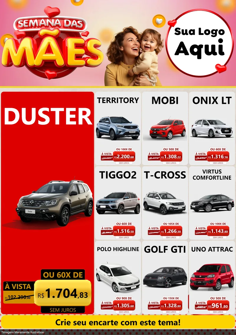 Modelo de Encarte para Encarte A4 Vertical com o tema Semana das Mães para Concessionaria de Carros