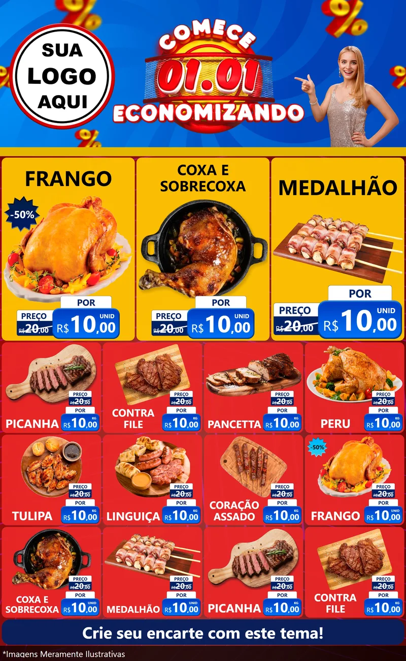Modelo de Encarte para Encarte Grande com o tema Comece 1º de Janeiro Economizando para Assados