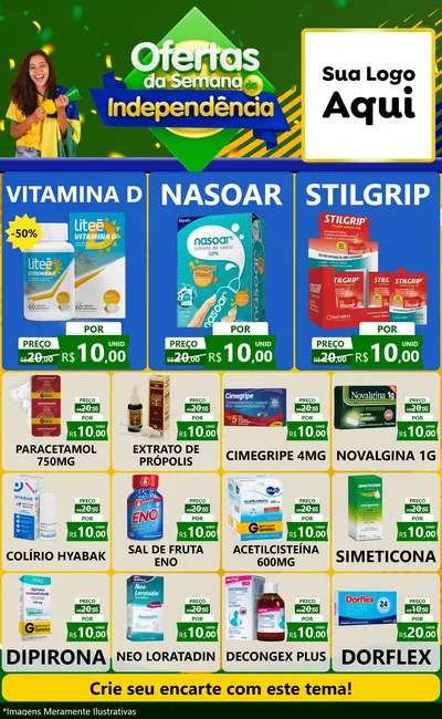 Modelo de Encarte para Encarte Grande com o tema Ofertas da Semana da Independência para Farmácia