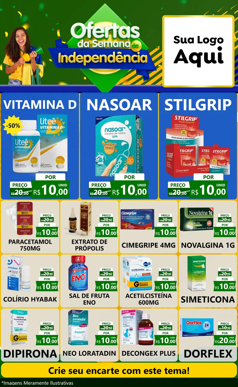 Modelo de Encarte para Encarte Grande com o tema Ofertas da Semana da Independência para Farmácia