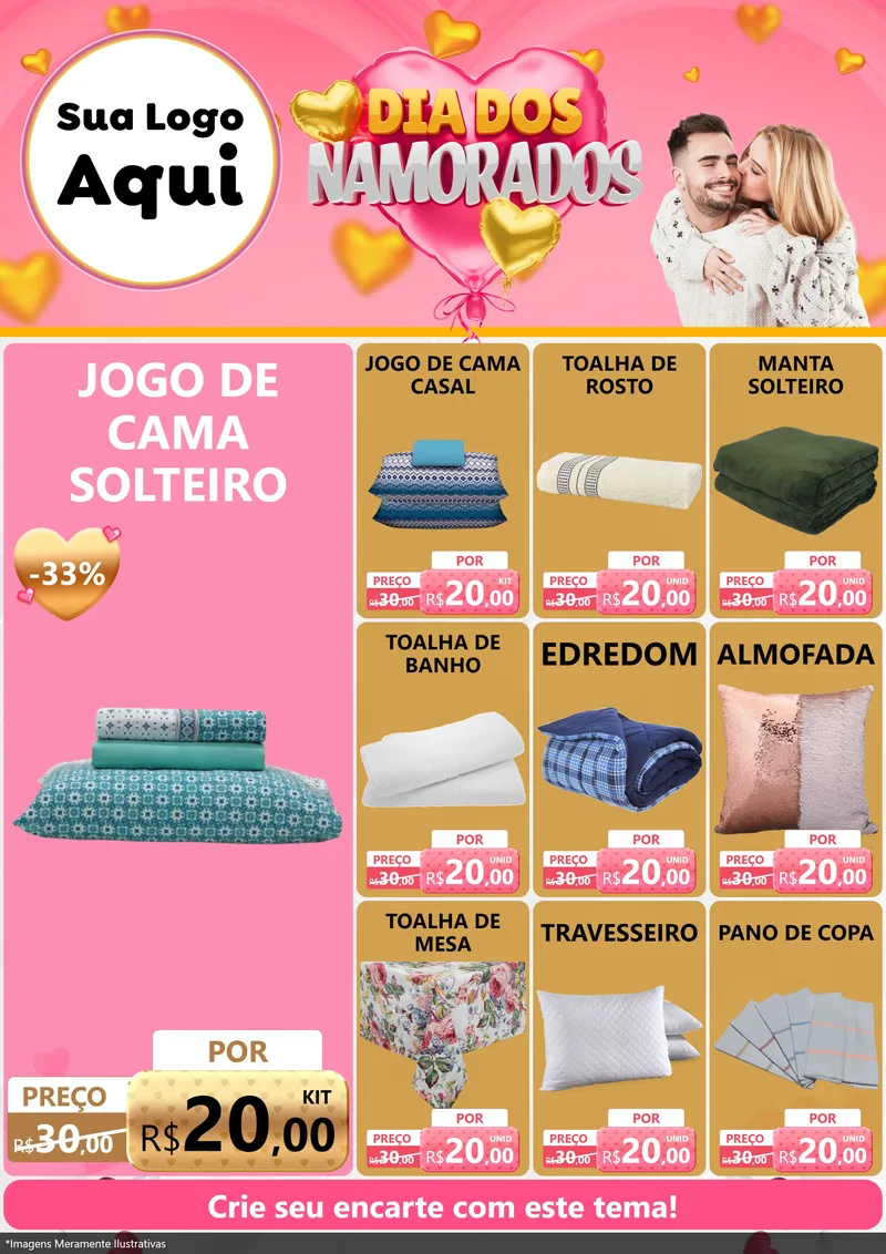 Modelo de Encarte para Encarte A4 Vertical com o tema Dia dos Namorados para Cama, Mesa e Banho