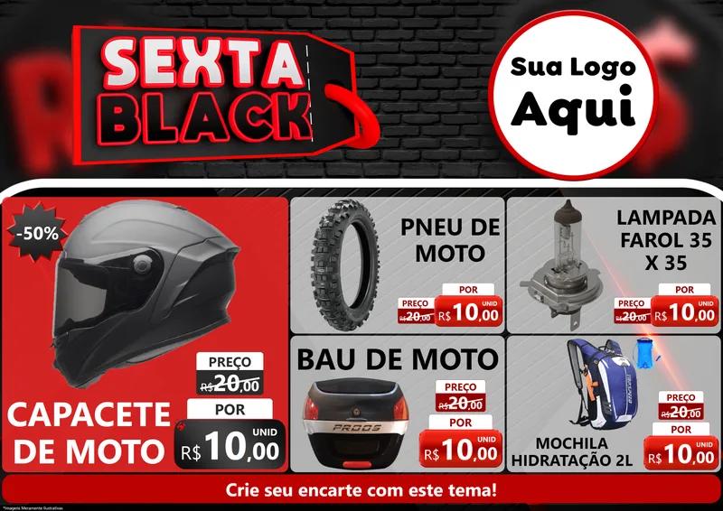 Modelo de Encarte para Encarte A4 Horizontal com o tema Sexta Black para Moto peças
