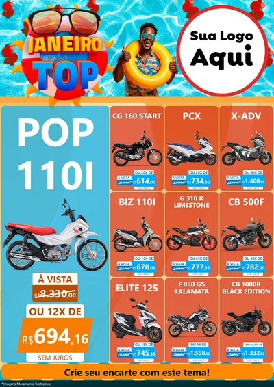Modelo de Encarte para Encarte A4 Vertical com o tema Janeiro Top para Concessionaria de Motos