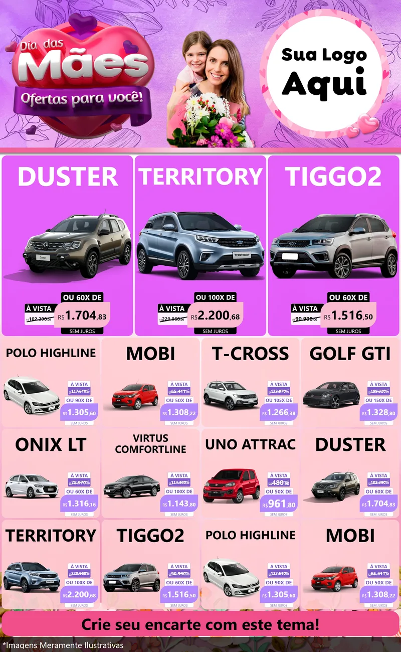 Modelo de Encarte para Encarte Grande com o tema Dia das Mães Ofertas para Você! para Concessionaria de Carros