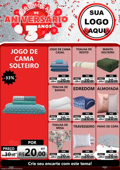 Modelo de Encarte para Encarte A4 Vertical com o tema Promoção de Aniversário - 3 Anos para Cama, Mesa e Banho