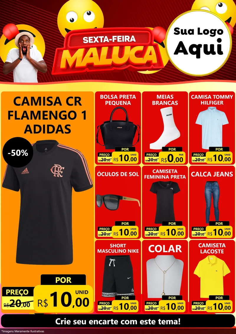 Modelo de Encarte para Encarte A4 Vertical com o tema Sexta-feira Maluca para Roupas e acessórios