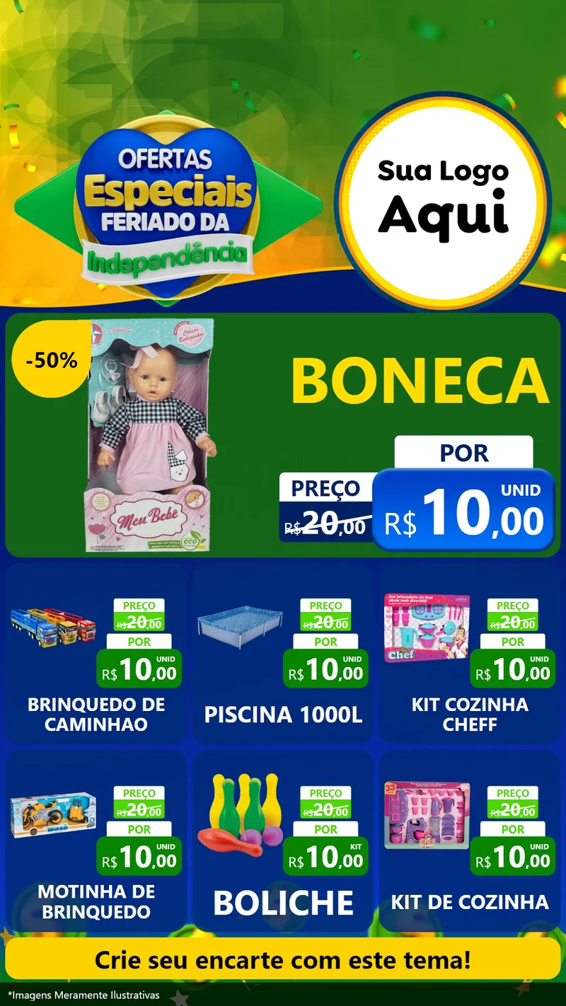 Modelo de Rede Social para Stories com o tema Ofertas Especiais Feriado da Independência para Brinquedos