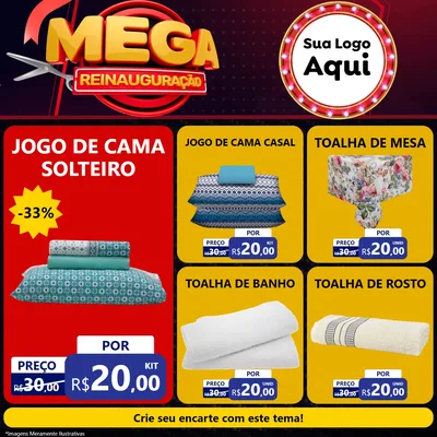 Modelo de Rede Social para Feed Facebook com o tema Mega Reinauguração para Cama, Mesa e Banho