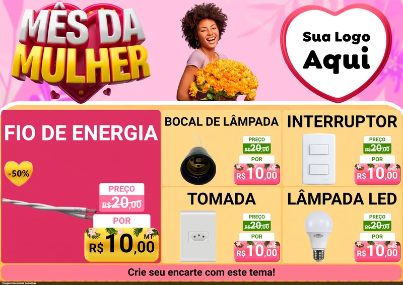 Modelo de Encarte para Encarte A4 Horizontal com o tema Mês da Mulher para Materiais Elétricos
