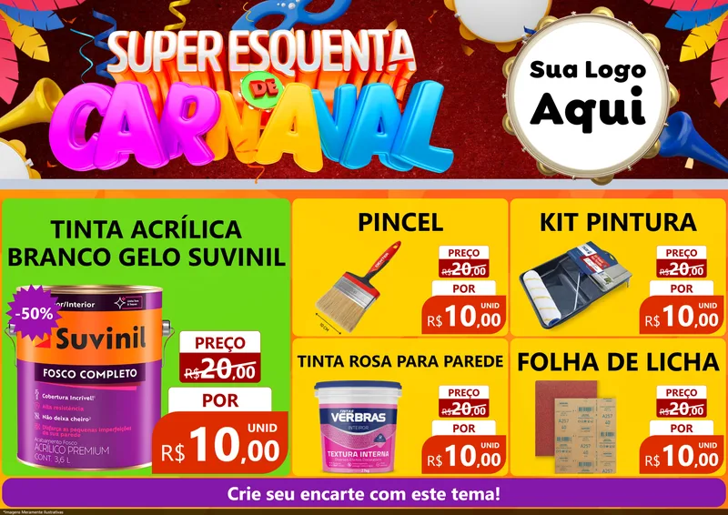 Modelo de Encarte para Encarte A4 Horizontal com o tema Super Esquenta de Carnaval para Tintas e Ferramentas