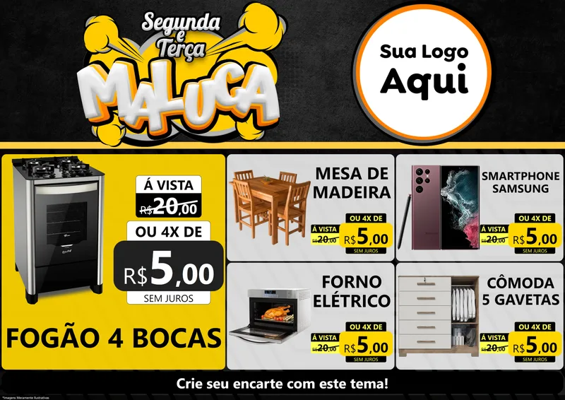 Modelo de Encarte para Encarte A4 Horizontal com o tema Segunda e Terça Maluca para Móveis e Eletro