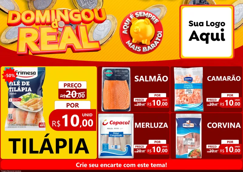 Modelo de Encarte para Encarte A4 Horizontal com o tema Domingou do Real para Peixaria