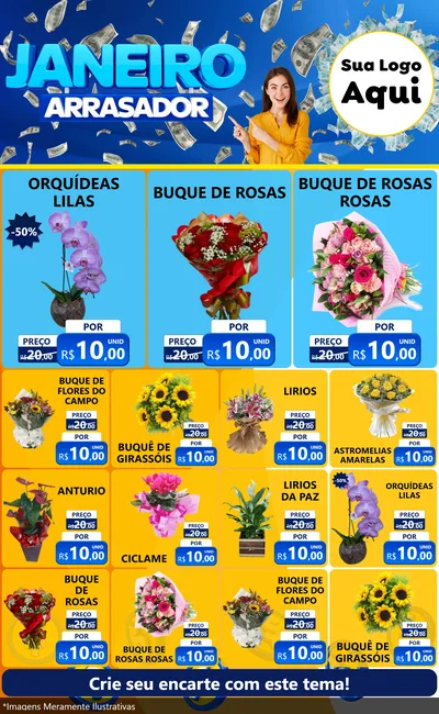 Modelo de Encarte para Encarte Grande com o tema Janeiro Arrasador para Floricultura e jardim
