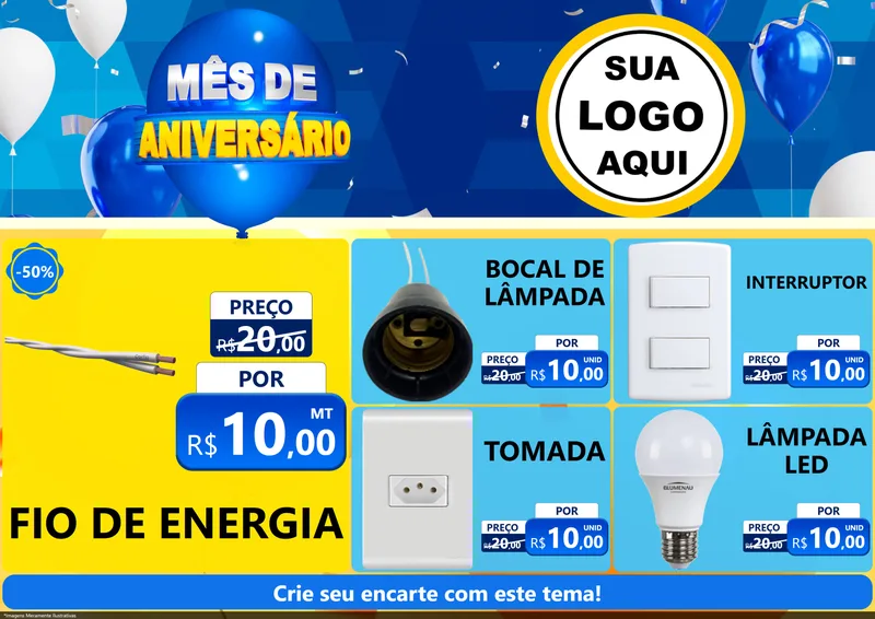 Modelo de Encarte para Encarte A4 Horizontal com o tema Mês de Aniversário para Materiais Elétricos