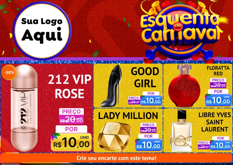 Modelo de Encarte para Encarte A4 Horizontal com o tema Esquenta de Carnaval para Perfumes