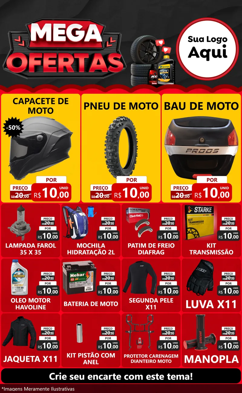 Modelo de Encarte para Encarte Grande com o tema Mega Ofertas - Motopeças para Moto peças