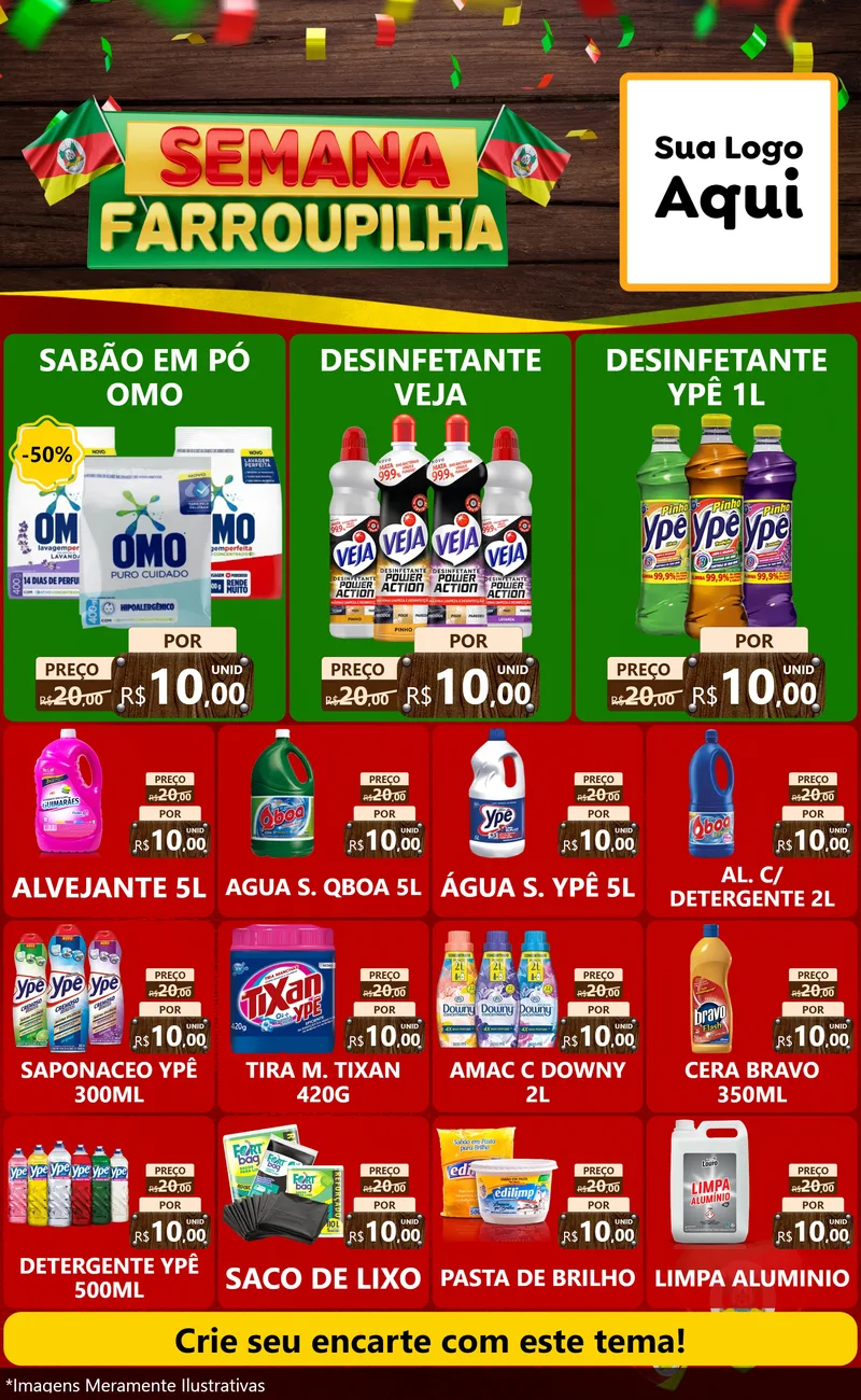 Modelo de Encarte para Encarte Grande com o tema Semana Farroupilha para Produtos de Limpeza