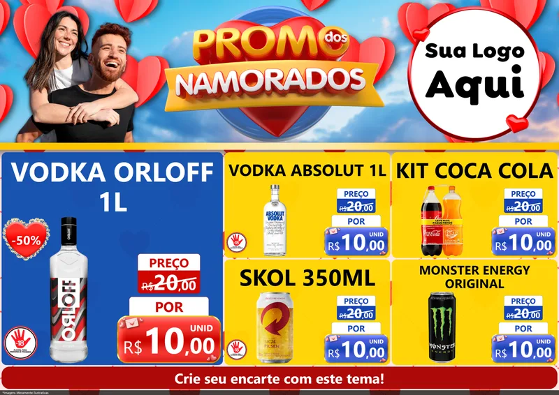 Modelo de Encarte para Encarte A4 Horizontal com o tema Promo dos Namorados para Distribuidora de bebidas