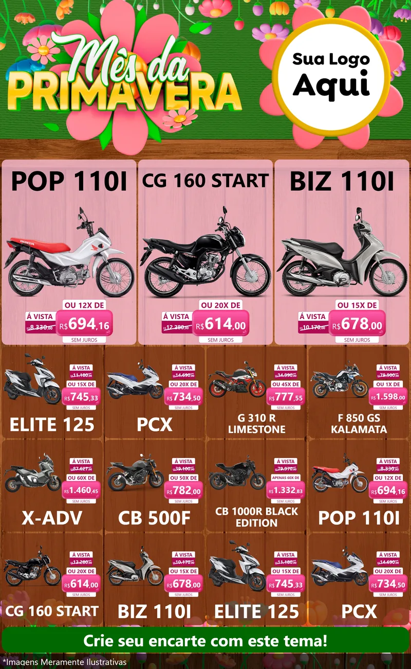 Modelo de Encarte para Encarte Grande com o tema Mês da Primavera para Concessionaria de Motos