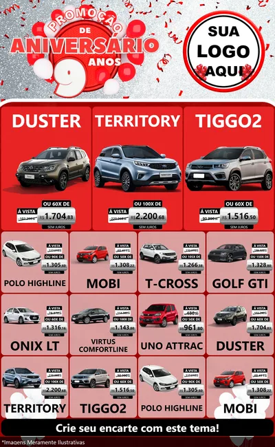 Modelo de Encarte para Encarte Grande com o tema Promoção de Aniversário - 9 Anos para Concessionaria de Carros