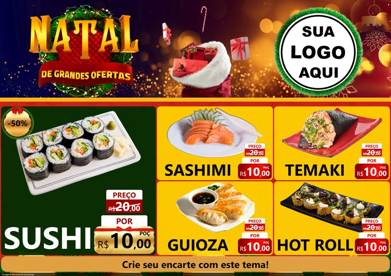 Modelo de Encarte para Encarte A4 Horizontal com o tema Natal de Grandes Ofertas para Comida japonesa
