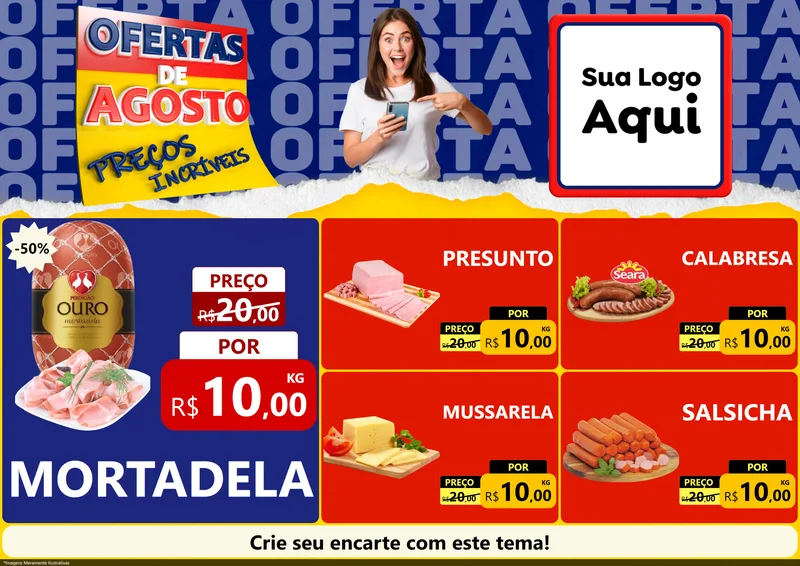 Modelo de Encarte para Encarte A4 Horizontal com o tema Ofertas de Agosto - Preços Incríveis para Frios e Laticínios